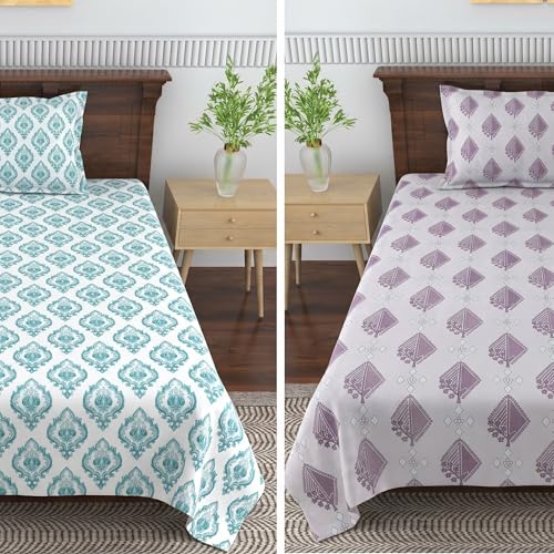Image of Mafatlal Grace Cotton Single Bedsheet Combo Pack of 2 with Pillow Covers | 180 TC Smooth Lightweight Cotton | Modern Bedroom Linen for Daily Use | Midnight Blue & Violet Purple