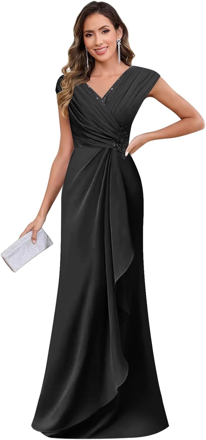 Cap Sleeve Chiffon Mother of The Bride Dresses for Wedding Mermaid V Neck Lace Long Formal Evening Dress