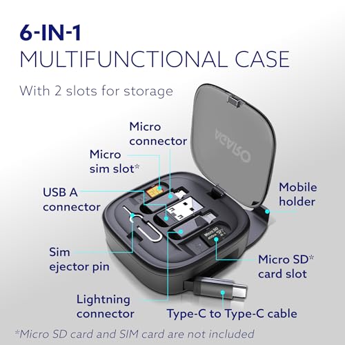 Image of AGARO Snapcase 6-in-1 Multifunctional 60W Fast Charging Case, Built-in Type-C, USB-A, Lightning & Micro-USB Cables, Phone Stand, Sim Storage, Sim Eject Pin, Travel-Friendly Charging Kit, (Black)
