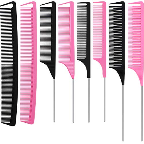 8 Pieces Parting Comb Set, 6 Pieces Stainless Steel Pintail Comb Rat Tail Hair Comb Teasing Comb and 2 Pieces Hair Cutting Comb Fine and Wide Tooth Hair Barber Comb Hairdressing Styling Comb