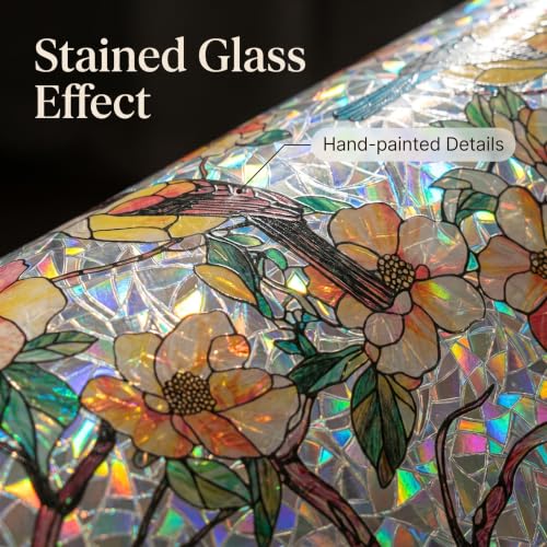 Image of SUNBABY Stained Glass Window Privacy Film, Rainbow Floral Bird, 23.6 inchx78.7 inch | Static Cling Decorative, No Glue, Renter-Friendly, Day and Night Privacy, UV Blocking, for Bathroom, Glass Door, with 3 Tools