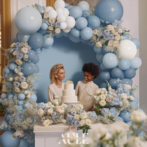 Image of AULE 155Pcs Dusty Blue Balloon Arch Kit White Balloons | Macaron Blue Balloon Garland for Birthday Graduation Anniversary Gender Reveal Shower Theme Party Decoration