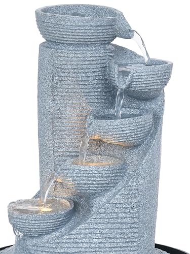 Image of CHRONIKLE Polyresin Grey Designer Table Top Indoor 5 Artistic Steps Waterfall Fountain with Yellow LED Lights & Water Flow Controller Pump (Size: 41 x 25 x 25 CM | Weight: 1980 gram | Color: Grey)