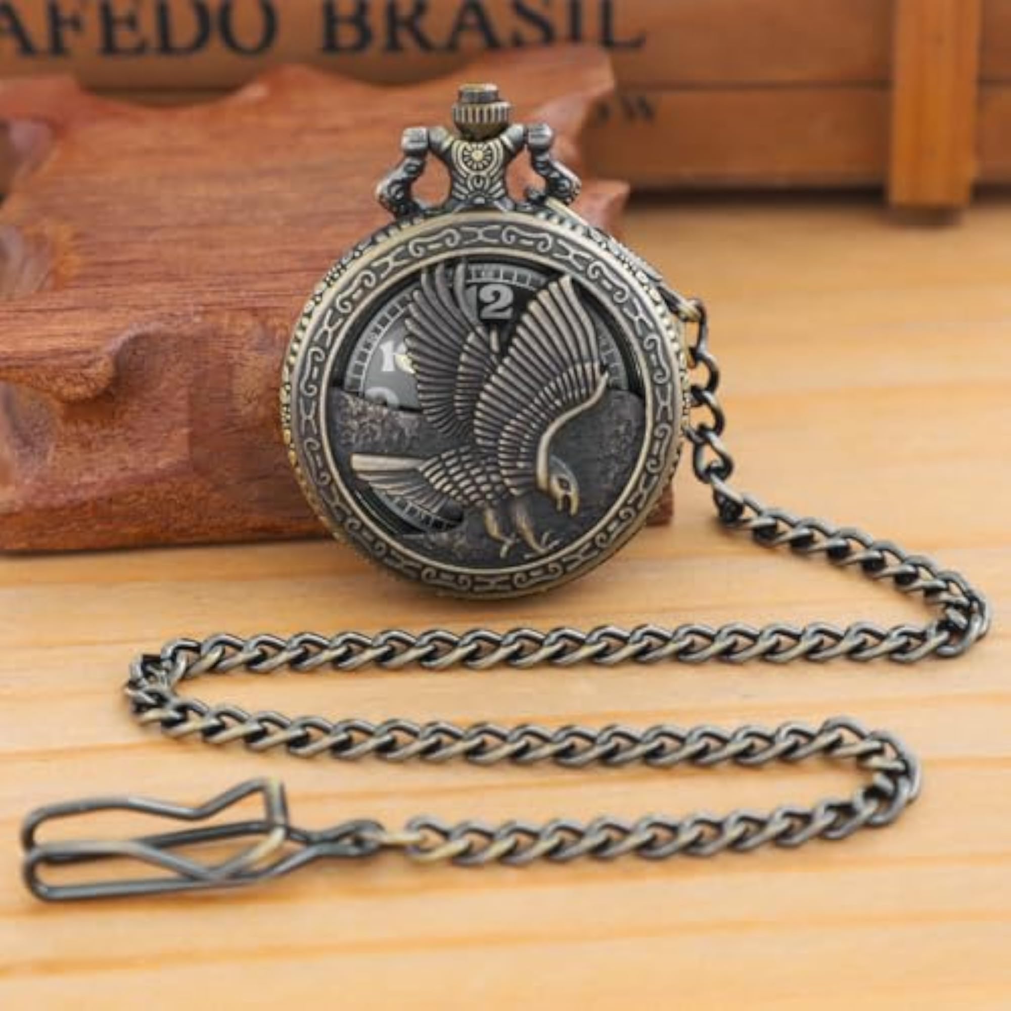 Bronze Hollowed Out Eagle Quartz Pocket Watch with Chain, Gift for Him