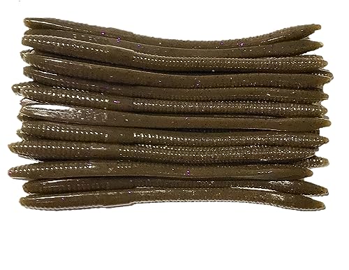 Softy Lure 20 Pcs 6.25' Drop Shot Finesse Worms (Scented, Floats) Soft Plastic Bass Fishing Baits (Green Pumpkin/Purple Flakes)