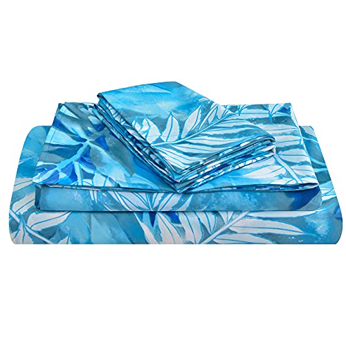 Image of JSD Blue Tropical Leaves Print Sheet Set Full Deep Pocket | 4 Piece Soft Botanical Microfiber Sheets, OEKO-TEX Certified, Easy Care