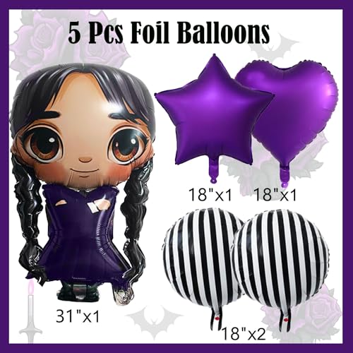 Image of 31 inch Gothic Cartoon Girl & Mixed Gothic Balloon Set: 5pcs Foil Balloons Black Striped, Star, and Heart Purple Balloons for Mysterious Character theme Party, Birthday, Halloween, and Costume Parties