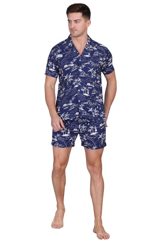 clothink india Men's Blue Beach Print Cotton Summer Night Wear/Homewear & Lounge Wear Shirt with Shorts Set-picture-17
