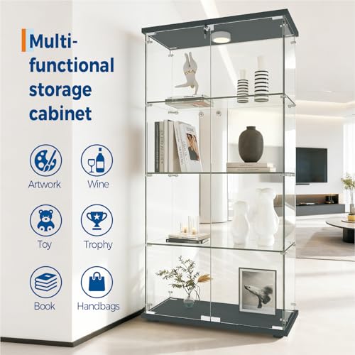 Garvee Glass Display Cabinet with LED Light, Tempered Glass Curio Collection Display Showcase with 4 Shelves and Lock, 2 Door Curio Cabinets for Living Room Bedroom Office, 64 x 31.7 x 14.3 in, Black by Garvee - Image 4