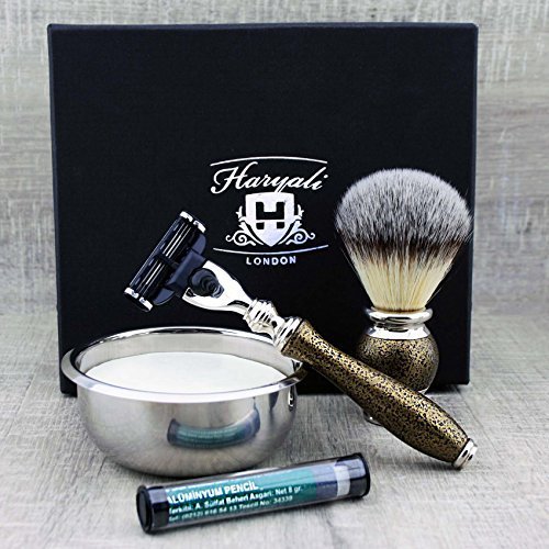 Zestaw do golenia w stylu vintage dla mężczyzn z syntetycznym pędzlem do golenia, maszynką Mach3 i miską do golenia i mydelniczką premium + darmowy aluminiowy sztyft Premium Gold antyczny wybór do codziennego użytku