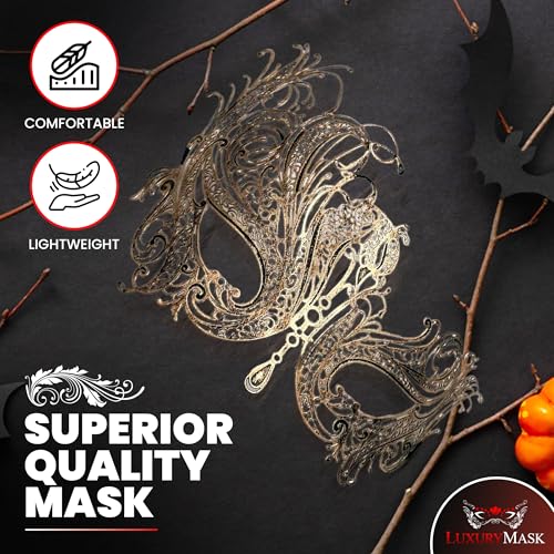 Image of Metal Filigree Masquerade Mask for Women - Swan Style Mask with Rhinestones for Mardi Gras, Prom, Halloween & Venetian Party