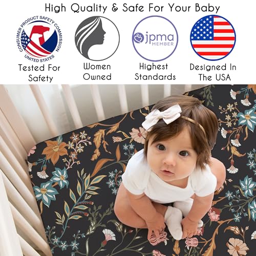 Image of Sweet Jojo Designs 3-Piece Baby Crib Sheets Set (Black Boho Wildflower Vintage Floral) for Girls, Infant Nursery, Toddler Room - Fitted, Standard Size (Solid Rust Orange & Bohemian, Farmhouse, Leaves)