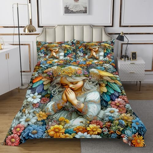 Erosebridal Fairy Angel Quilt Set 3 Piece Ancient Roman Angel Bedspread Set Queen Romantic Magic Floral Bedspread Sets White Girls Angel Coverlet Set Beautiful Angel Decor