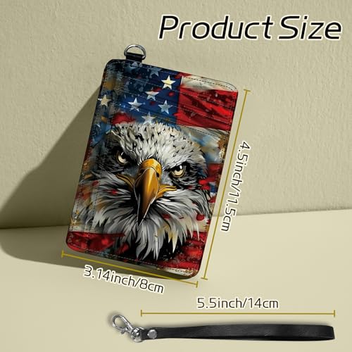 Image of Small Travel Wallets, Eagle American Flag Slim Minimalist Front Pocket Wallet with Wristlet, RFID Blocking PU Leather Credit Card Holder with ID Window Change Purse for Men Women