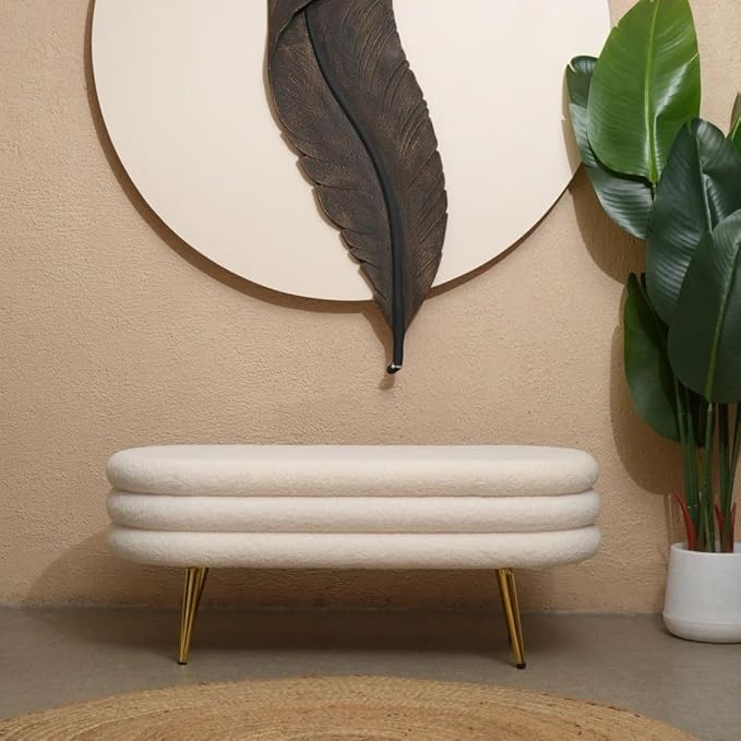 Snowdrift Accent Bench for Bedroom and Living Room | Boucle Fabric Ottoman with Solid Golden Legs 2 Seater Sofa Teddy Fabric Sofa Upholstered Storage Bench Off-White | Cream Colour-image-40