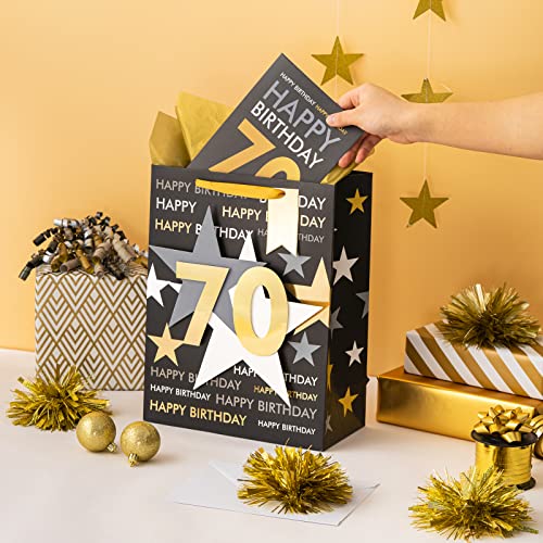 Image of Loveinside Birthday Gift Bag with Tissue Paper and Greeting Card for 70 Birthday - 13 inch x 10 inch x 5 inch, 1 Pcs, Black Gold