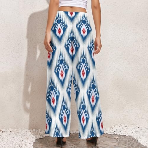 Womens Wide Leg Pants Blue and Red Ethnic Ikat Dressy High Waist Trousers Casual Loose Flowy Palazzo Pants4