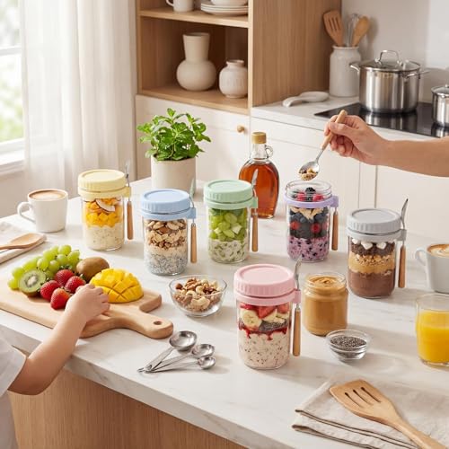 Image of 16oz Glass Overnight Oats Containers with Lids & Spoons, 4 Pack MultiColor | Wide Mouth Glass Jars with Airtight Lids, Perfect for Chia Pudding, Yogurt, Salad & Cereal Meal Prep Storage, Food Safe