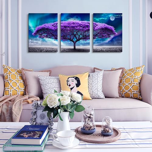 DZRWUBHS Canvas Wall Decor For Living Room Frame Wall Art For Bedroom Purple Tree Wall Painting Artworks Inspiration Wall Pictures For Office Modern Aurora Prints Dining Room Decorations 3 Pieces