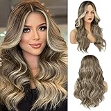 LONAI Long Wavy Blonde Wig with Money Piece for Women Ash Brown with Blonde Highlights Wig WIG003 Synthetic Hair Piece for Daily Use Party-Ash Blonde with Light Blonde Highlights