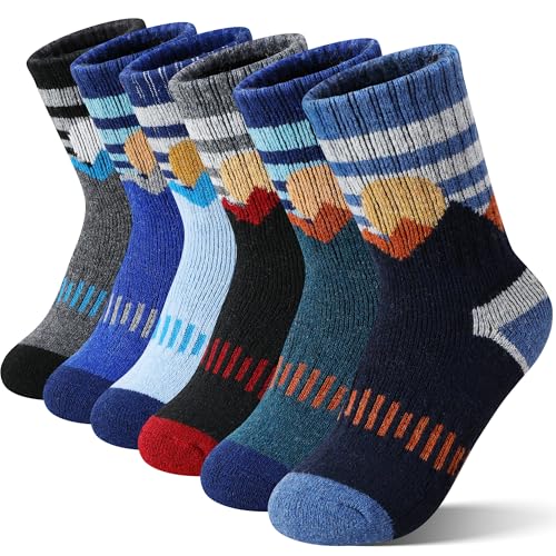 Sandsuced Kids Boys Toddlers Merino Wool Hiking Socks Thermal Warm Winter Cozy Crew Outdoor Socks 6 Pairs Gift Stocking Stuffers(Sun Series 8-12 Years)
