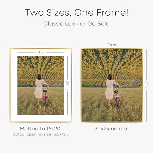 Image of Homeforia 20x24 Picture Frame Gold, High End Metal 24x20 Frames for Wall, 20x24 Gold Frame Matted to 16x20 Print, 20 x 24 Poster Large Frame with Mat 16 by 20 Photo, Tempered Glass, Wall Kit, Set of 2