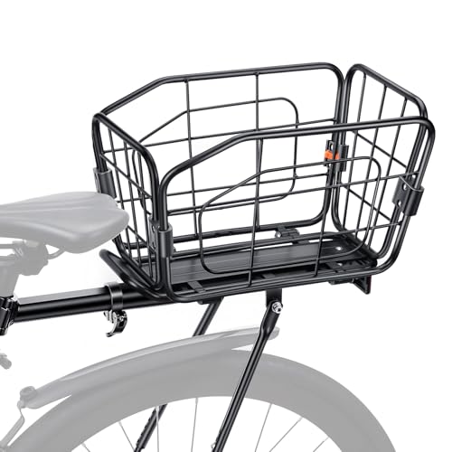 EQIIO Rear Bike Rack with Foldable Basket – 22L, Quick Release Bike Cargo Rack Aluminum Alloy & 165LB Load, Adjustable Bicycle Rack with Reflector & Installation Tool & Free Bungee Cord, Waterproof