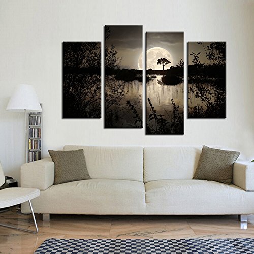 Kreative Arts 9168 4 Pieces Canvas Prints Wall Art Big Moon Over Lake In Dark Forest Modern Canvas Painting Landscape Picture Peaceful Jungle Poster Giclee Artwork thumb #1
