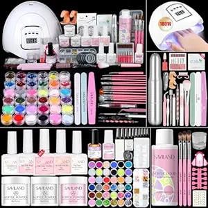 Saviland Acrylic Nail Kit for Beginners: Keratin Acrylic Powder Castor Oil Vitamin E Gel Nail Polish Primer 180W Nail Lamp Nail Drill Full Tools Everything Home Starters