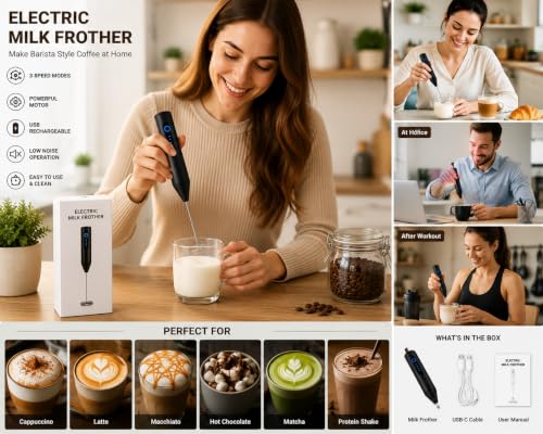 Image of Rechargeable Electric Milk Frother, Handheld USB-C Milk Foamer for Coffee, Cappuccino, Latte, Matcha & Hot Chocolate, 3 Speed Stainless Steel Whisk, Portable Drink Mixer, Black