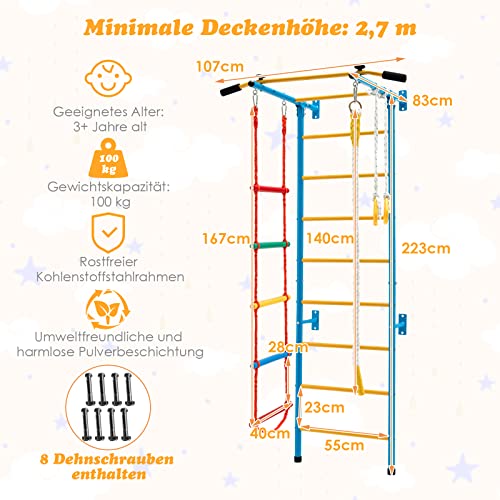 COSTWAY Ścianka wspinaczkowa dla dzieci, metalowa ścianka gimnastyczna, sprzęt gimnastyczny, rusztowanie wspinaczkowe, 107 x 83 x 223 cm, sprzęt sportowy dla dzieci i dorosłych do 100 kg (żółty i