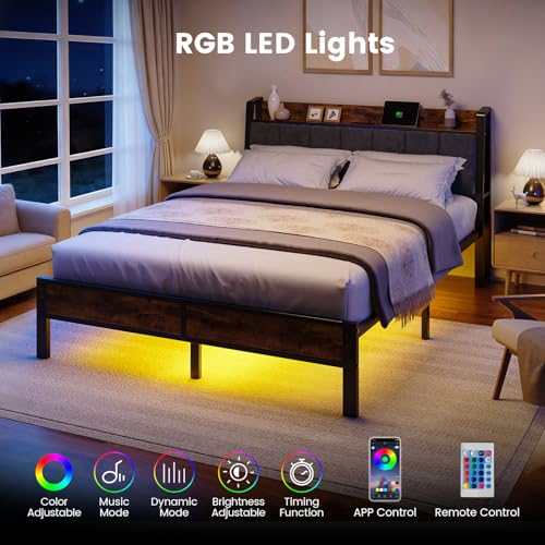 Image of Liians Queen Size Bed Frame with Wood Headboard, Metal Platform Bed with USB Charging Station and Smart LED Lights, No Box Spring Needed, Easy Assembly