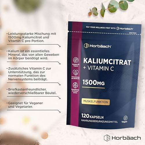 Kaliumcitrat Hochdosiert 1500mg je Tagesdosis mit Vitamin C | 120 Vegane Potassium Citrate Tabletten | Muskelaufbau & Elektrolyte (EFSA) | Kalium Supplement | Horbaach