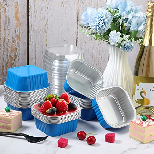 50 Pcs Baking Cups With Lids 10 Oz Aluminum Foil Cupcake Cups Disposable Ramekins Square Muffin Liners Desserts Muffin Cups For Flans Snacks Pudding Pan Tin Wedding Catering Party Favor (Blue) #TOP6