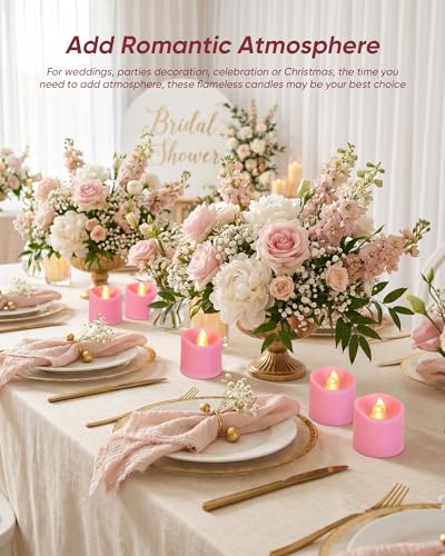 Image of Homemory 12Pack Pink 400+Hour Remote Control Flameless Candles, 2 /4 /6 /8H Timer Led Votive Candles, Battery Operated Tea Lights for Wedding Table Centerpiece, Holidays, Halloween Pumpkins, Christmas