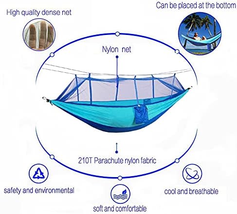Camping Hammocks with Net Mosquito, Portable Outdoor Hammock Parachute Fabric Hammocks for Backpacking Travel Camping, Double Single Garden Hammocks 110"(L) x 59"(W) (Blue/Sky blue)