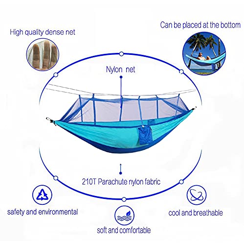 Single & Double Camping Hammock With Mosquito/Bug Net, Outdoor Portable Parachute Nylon Hammock With Tree Straps, Lightweight Backyard Hammock Survival Travel Bed 110" L X 59" W (Blue/Sky Blue) #TOP4