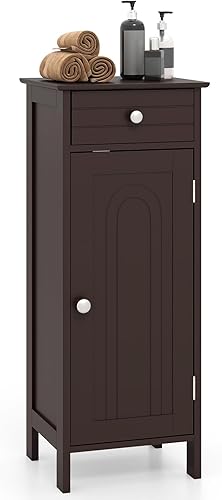 Vista 11 de LDAILY Armario de piso de baño, gabinete de almacenamiento de piso de una sola puerta con cajón grande y 2 estantes ajustables, unidad organizadora