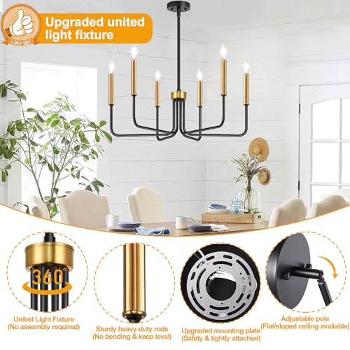 image for Lynnoland Black and Gold Chandelier, 6-Light Farmhouse Chandelier for 