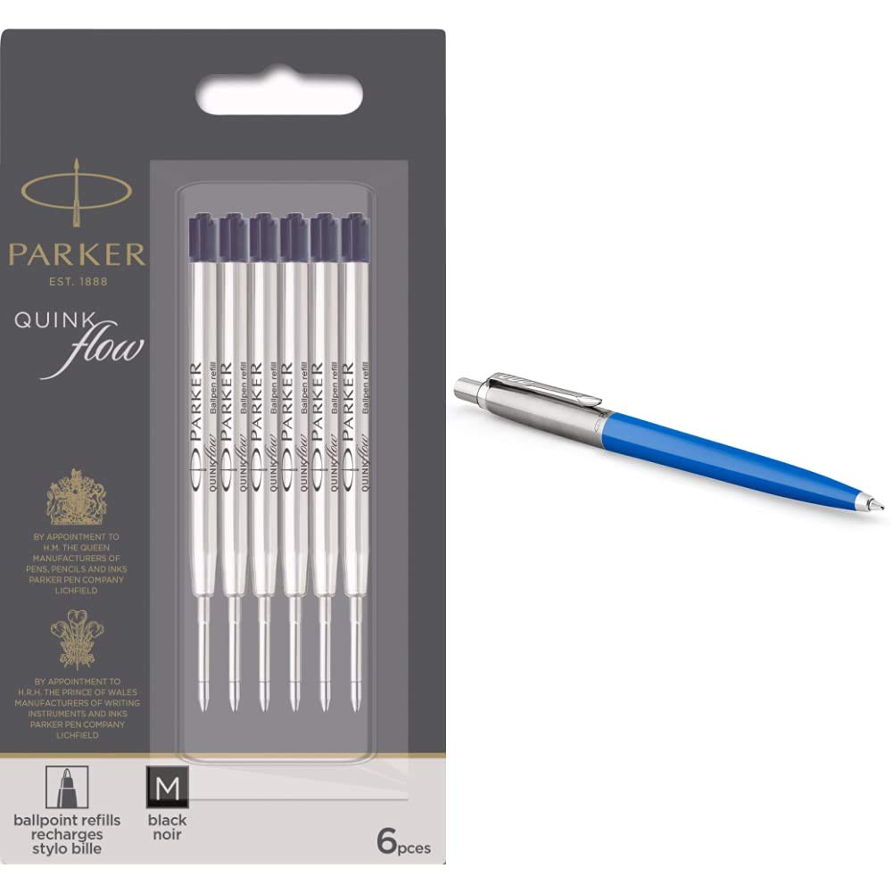 PARKER Ballpoint Pen Refills | Medium Point | Black QUINKflow Ink | 6 Count Value Pack & Parker Jotter Originals Ballpoint Pen | Classic Blue Finish | Medium Point | Blue Ink