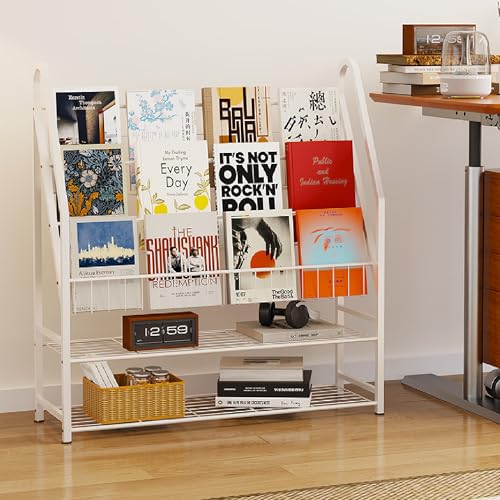 Arbuxzuy Magazine Rack Small Metal for Storage Freestanding 11.8 D x 32.3 W x 38.2 H Sofa Height Short Book Shelf for Display and Storage Ladder Bookcase for Home Office White