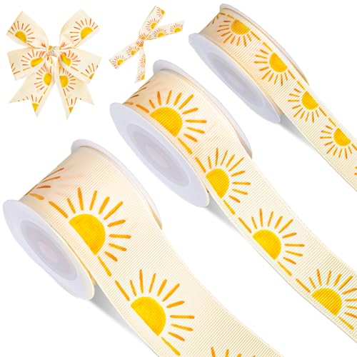 JarThenaAMCS 3 Roll Boho Sun Grosgrain Ribbon Summer Sunshine Print Fabric Ribbon for Back to School Classroom Birthday Wreath Bow Craft Gift Wrap Party Decor 15 Yards