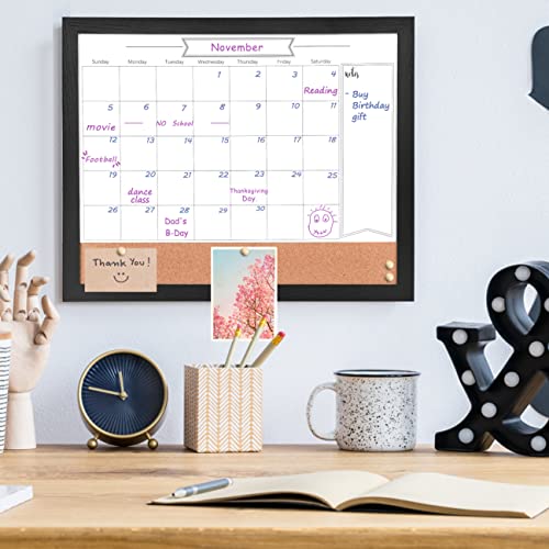 Toraso Whiteboard Calendar & Corkboard, 13" X 17" Magnetic Surface Combination Dry Erase White Board & Bulletin Board, Black Wood Framed Calendar/Cork Combo Board(Zhyl-Bk-3442) #TOP3