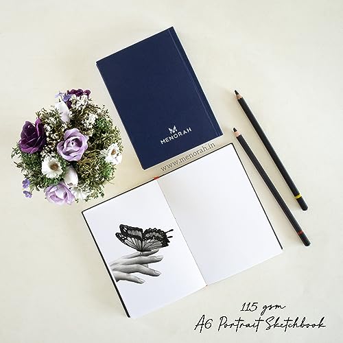 Image of MENORAH - Artist Sketch Book- A6-115 GSM (160 Pages / 80 Sheets) Drawing Notebook- Hard Bound Book- (14.8 Cm X 10.5 Cm)- Completely Handmade- Portrait-Dark Blue, Paper, oil