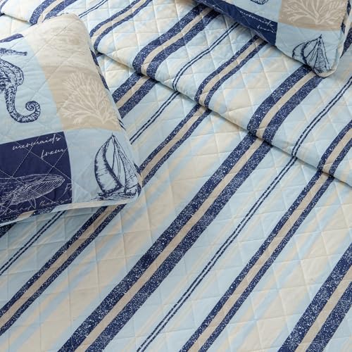 Great Bay Home Full/Queen Coastal Quilt Bedding Set, Summer Coastal Quilt with Shams, Beach 3-Piece Reversible All Season Bedspread Quilt Set. Lightweight Nautical Quilted Coverlet. Navy/Taupe - Image 3