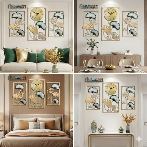 Image of Luxury Ginkgo Leaf Metal Wall Clock - Large Gold & Green Botanical Wall Art Set for Living Room, Bedroom, and Hallway Decor - Modern Silent Quartz Movement - Set of 3
