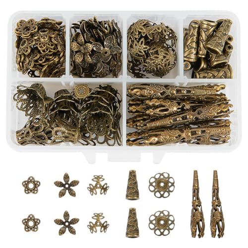 PH PandaHall About 180 Pcs Tibetan Style Metal Flower Bead Caps 6 Styles for Jewelry Making Antique Bronze