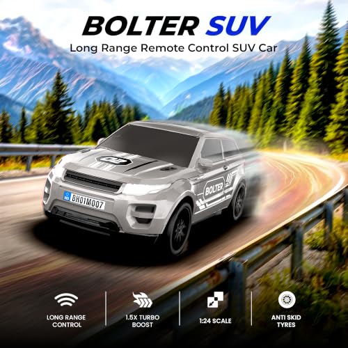 Image of Mirana Bolter SUV Remote Control RC Car for Kids | 1:24 Scale Racing Toy | with 1.5X Turbo Boost, LED Lights & Anti Skid Tyres | USB Type-C Rechargeable | Gift for Boys & Girls 4+ Years, Grey