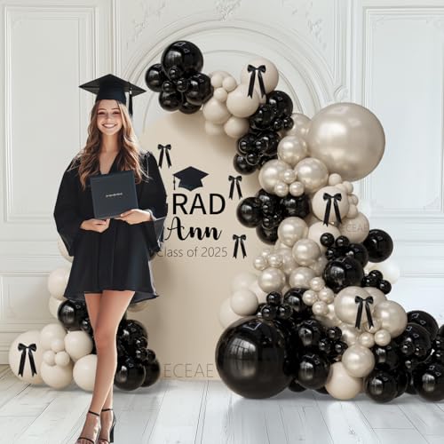 Image of Black and White Champagne Bow Balloon Arch Kit Double-stuffed Pearl Beige Cream Balloons for 2025 Graduation, Prom, Martini Birthday,Bridal Shower, Wedding,Coquette Bride Party Decorations