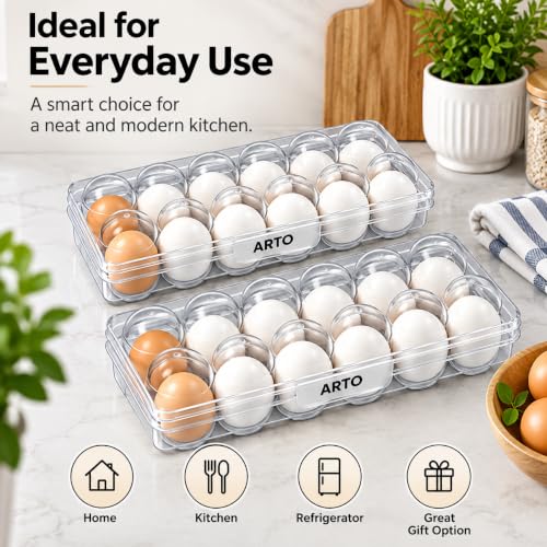 Image of ARTO Clear Egg Trays for Refrigerator Organization - Stackable Egg Holder & Plastic Storage Container - Durable Dishwasher Safe Egg Carton Replacement - Kitchen & Fridge Organizer (Set of 2)